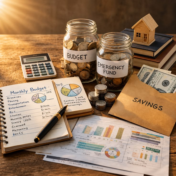 A financial adviser and two clients discussing documents together around a table in a bright room